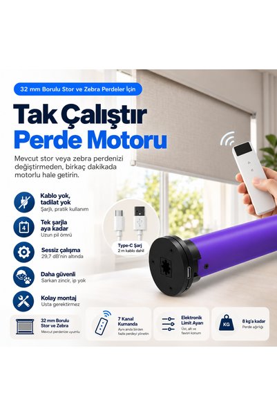 Genel Markalar Şarjlı Kumandalı Stor ve Zebra Perde Motoru | Kablosuz, 32 mm ...