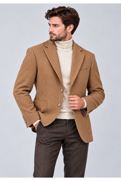 Basics&More Erkek Balıksırtı Desenli Dokulu Taba Blazer Ceket – Klasik Yaka, ...