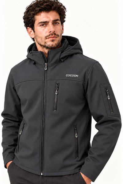 COCOON Men's Hooded Zippered Softshell Jacket with Pockets, Outdoor Jacket.