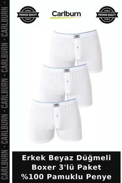 Carlburn Premium Men's White Button-Down Boxer Shorts, 3-Pack, 100% Cotton, C...