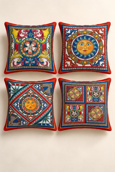 Varbifırsat Set of 4 Casa Mosaic Colorful Sun and Tile Pattern Pillow Covers,...