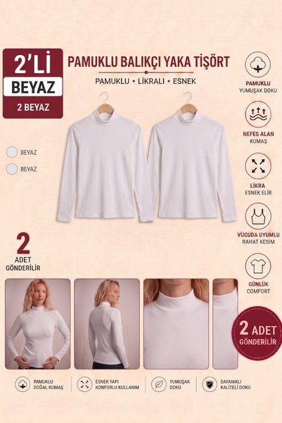 KOTA Women's 2-Pack White Long-Sleeve Turtleneck Cotton Basic Blouse.
