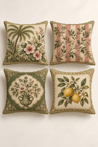 Varbifırsat Set of 4 Botanical Stories Vintage Green Botanical Garden Pillow ...