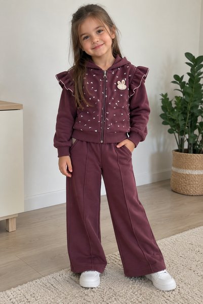 SERPİL Girls' Plum Hooded Zippered Tracksuit Set with Ruffle Details and a Ra...