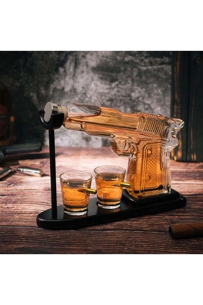 Vivendo Set Decantor Bauturi Forma Pistol si Gloante 220ml/50ml Sticla Lemn