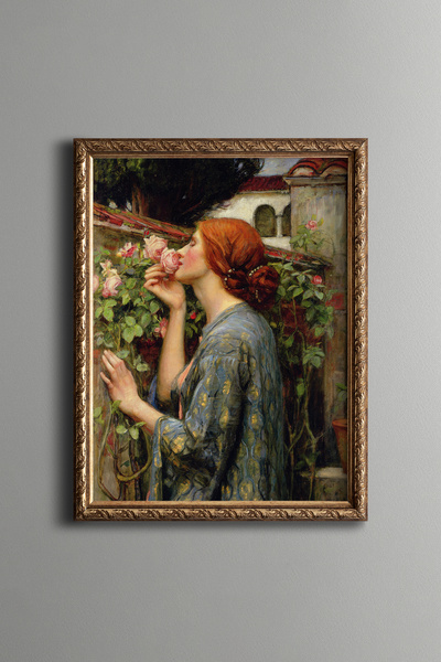epiqart امرأة تستمع إلى روح الزهور - لوحة فنية بنقشة عتيقة - تصميم أنيق.