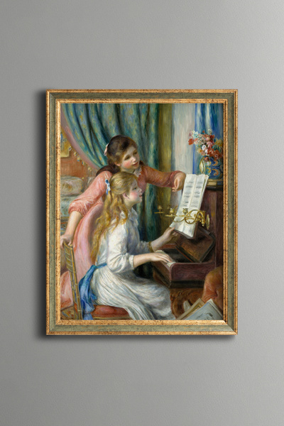 epiqart فتاتان صغيرتان أمام البيانو - لوحة فنية بنقشة عتيقة - تصميم أنيق.