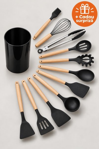 OferteTop Set Ustensile Bucătărie din Silicon cu Mâner din Lemn, 11 Piese și ...
