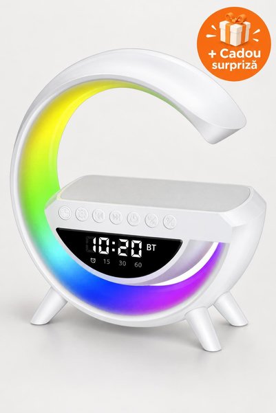 OferteTop Lampă LED RGB cu Boxă Bluetooth, Încărcător Wireless 15W, Ceas cu A...