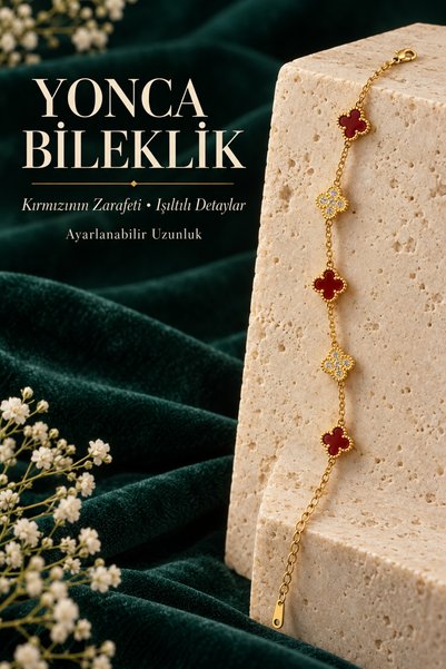 XUPING JEWELRY Altın Renk Kırmızı Yonca ve Taş Detaylı Ayarlanabilir Kadın Bi...