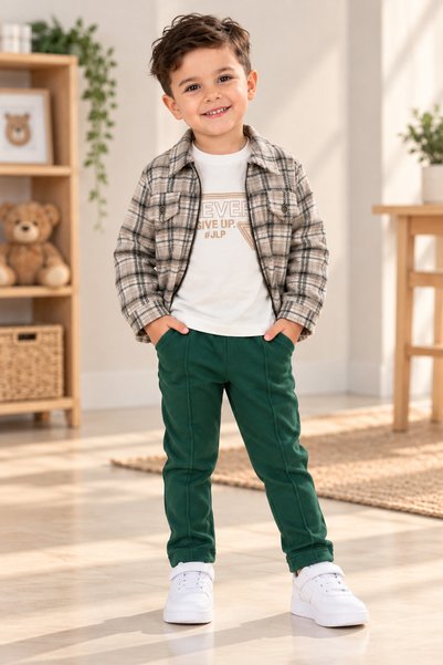 SERPİL Boys' Plaid Patterned Zippered Shirt Jacket, White Printed T-Shirt, an...