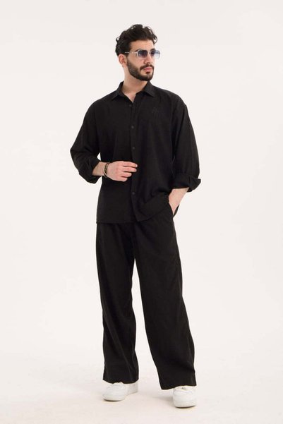 SLN COLLECTİON Embroidered Detail Shirt & Pants Set- Black