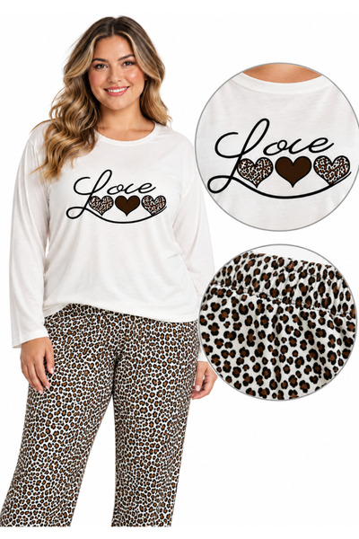 asma Pijamale de damă cu pantaloni lungi, Love 3 inimi, pantaloni leopard ecru