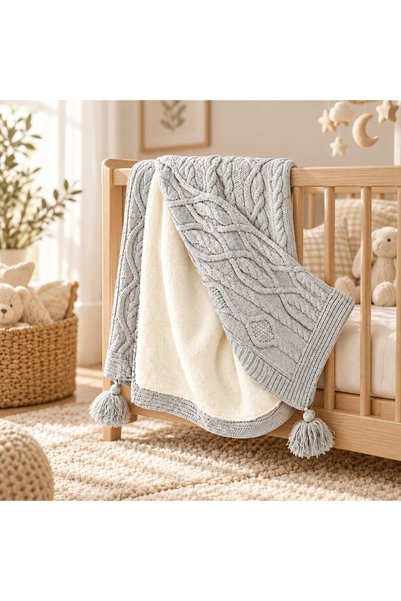Pure Boutique Patura imblanita bebe din lana naturala 95x85 cm, tricotata, ca...