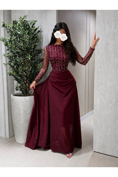 Mar style فستان سهرة طويل بتطريز ناعم وأكمام شفافة