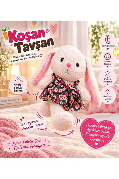 UYKUCU Kıyafetli Koşan Tavşan Ayakları Sallanan Hareketli Yumuşak Peluş Hediy...
