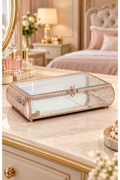 Hinora Home Embroidered Glass Jewelry and Trinket Box – Decorative Accessory ...