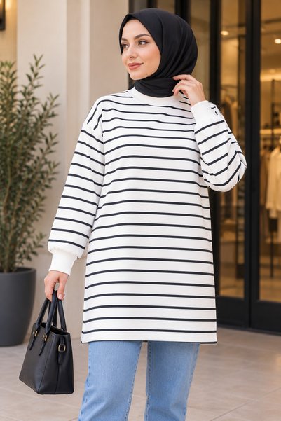 Gokco Women's Striped Crew Neck Long Sleeve Oversized Modest Tunic, 2-Ply Fab...