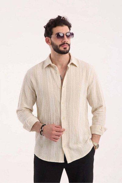 SLN COLLECTİON Striped Muslin Shirt with Stand Collar - Beige