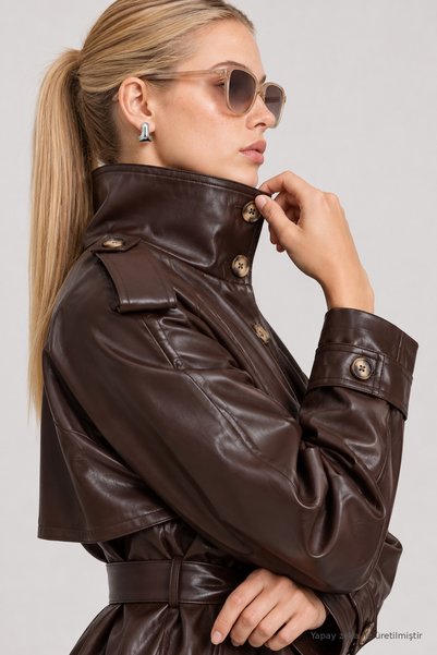 Lovelyİstanbul Belted Faux Leather Jacket Lby0113 Brown