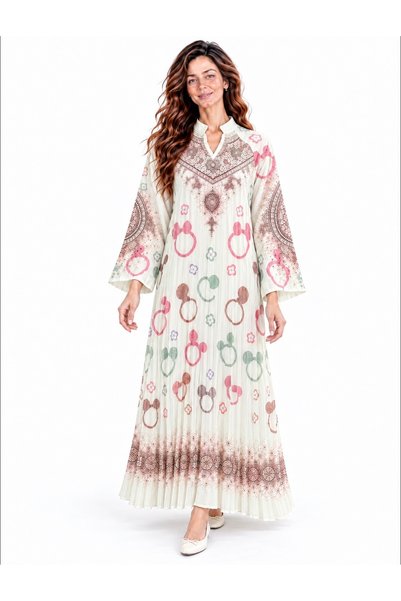 White colour جلابية ترف النقوش بثنيات انسيابية وزخارف شرقية