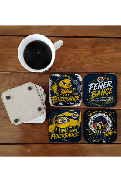 Ghostbastır Design Yellow and Navy Blue Decorative Wooden Coaster Set 0174