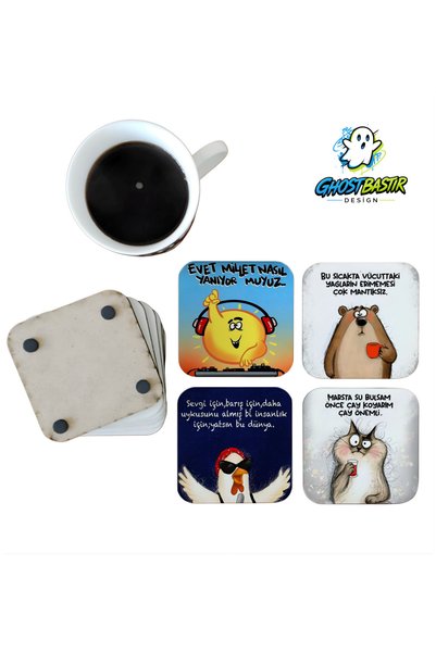 Ghostbastır Design Fun, Decorative Wooden Coaster Set with Writing on It 0144