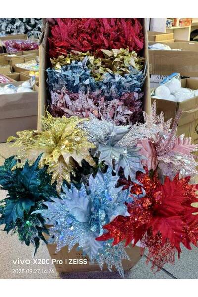 OEM Decorative Christmas flower with glitter 30 cm Red