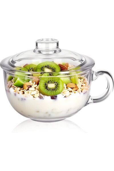 GENERAL Clear Soup Bowls with Handle and Glass Lid Microwave Round Bowls Glas...