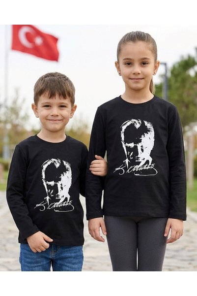voyyo kids baby سويت شيرت أسود بأكمام طويلة مطبوع عليه صورة أتاتورك، مناسب لل...