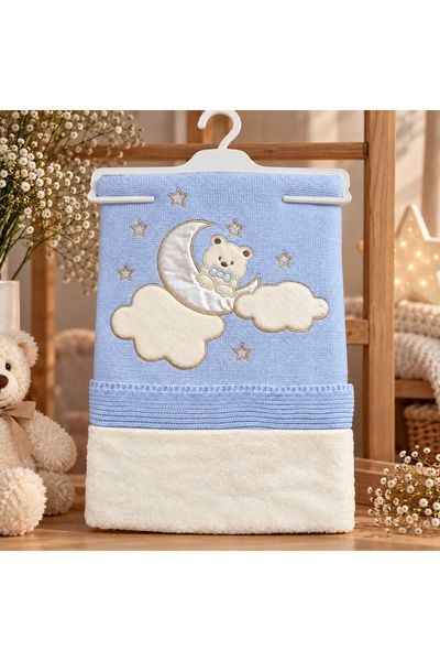 Pure Boutique Paturica bebe imblanita 85x95 cm, tricot bleu, cu ursulet, luna...