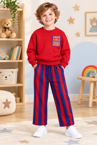 ışık kids Boys' play all day printed sweatshirt and striped straight-leg pant...