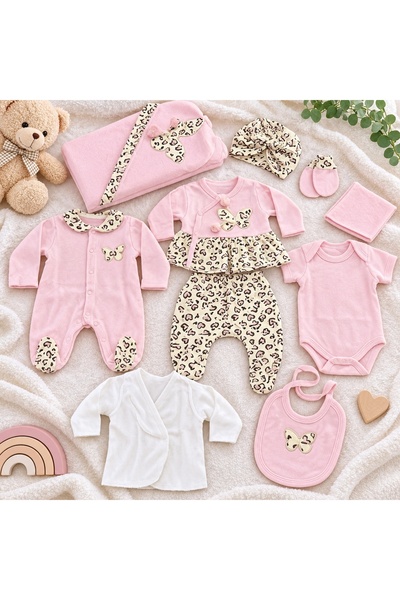 Pure Boutique Set bebe fetita din bumbac 10 piese, roz cu imprimeu animal pri...