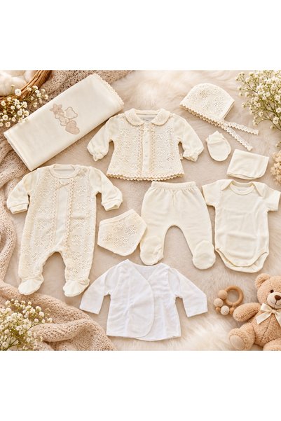 Pure Boutique Set haine bebe fetita 10 piese din bumbac, crem, cu dantela, no...