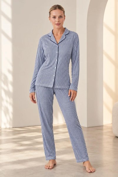 gd goldoremi 24549 Kadın Premium Önden Düğmeli Çizgili Uzun Kollu Pijama Takım