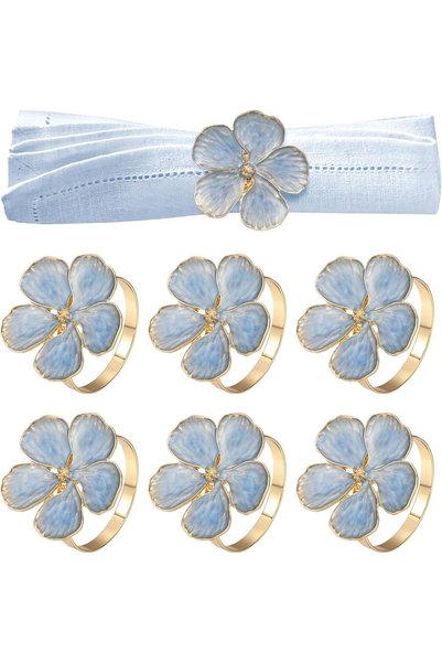 Tazweeq Napkin Rings Set of 6, Blue Flower Design, Elegant Napkin Buckle Hold...