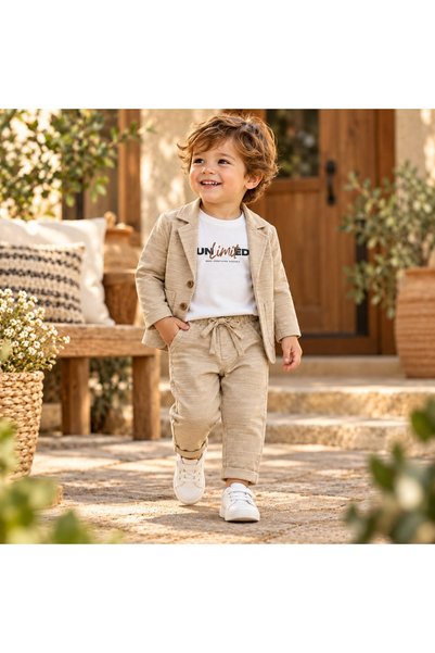 Pure Boutique Βαμβακερό σετ 3 τεμαχίων για αγοράκι με μπεζ σακάκι και παντελόνι