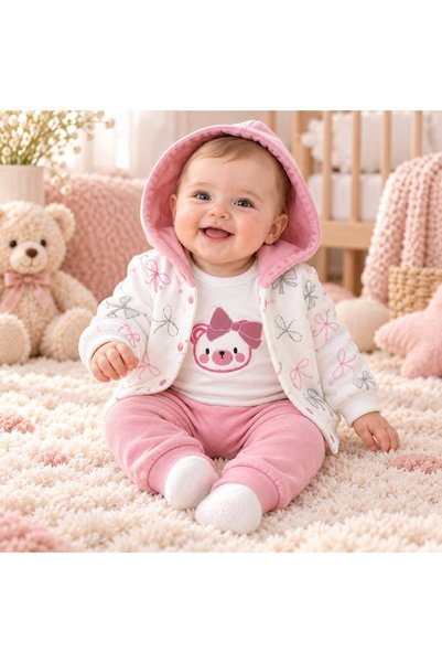 Pure Boutique Памучен комплект от 3 части за бебе момиче: боди, суитшърт с па...