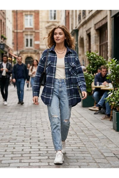 Polologin Butik Jachetă cămașă supradimensionat Woodcutter pentru femei, alba...