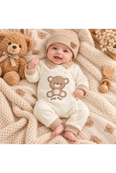 Pure Boutique Salopeta bebe din bumbac cu ursulet, caciulita asortata, crem s...