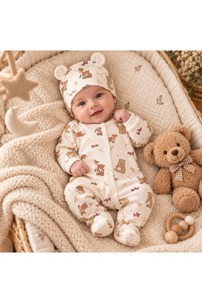 Pure Boutique Salopeta bebe din bumbac cu botosei integrati si caciulita, imp...
