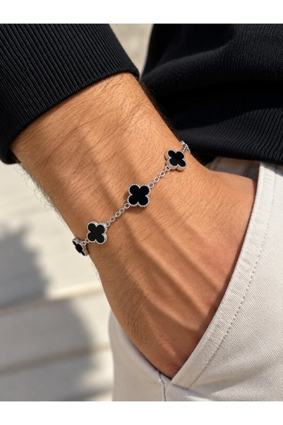 ATALYA ACCESSORY Large Clover Pattern Steel Men's Bracelet - Tarnish-Resistan...