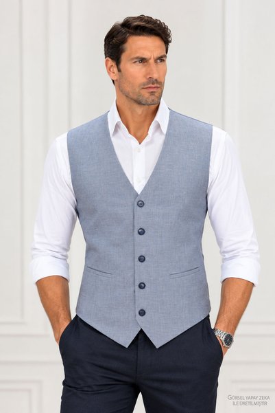 MENTOR REGALO Men's V-Neck Open-Front Vest, Light Blue, Textured, 56110