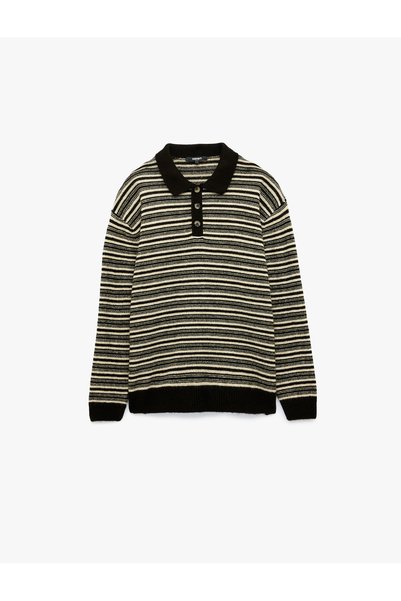 Koton Comfortable Fit Long Sleeve Buttoned Polo Collar Striped Knit Sweater