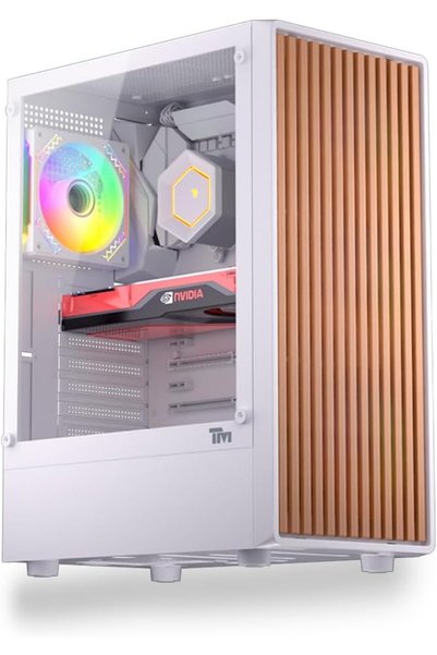 Twisted Minds علبة كمبيوتر WOODX ATX متوسطة الحجم باللون الأبيض - 4 مراوح ARG...