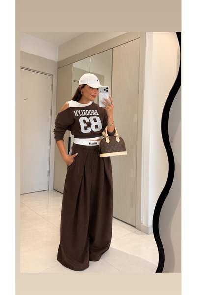 Genel Markalar Kadın Brooklyn 83 Baskılı Crop Sweatshirt Bol Paça Eşofman Takımı