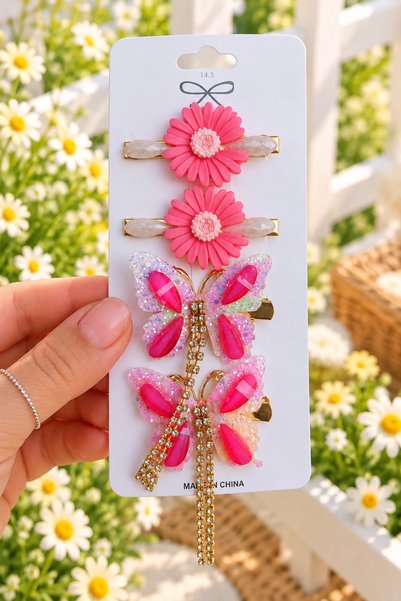 Generic Brand Girl's Butterfly and Floral Rhinestone Tassel 4-Piece Hair Clip...