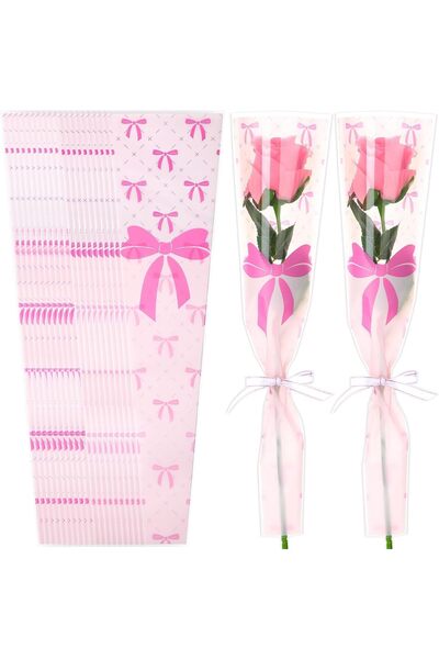 TERRIFI 50 Pcs Pink Flower Sleeve for Bouquet, Cellophane Wrapping Bags with ...