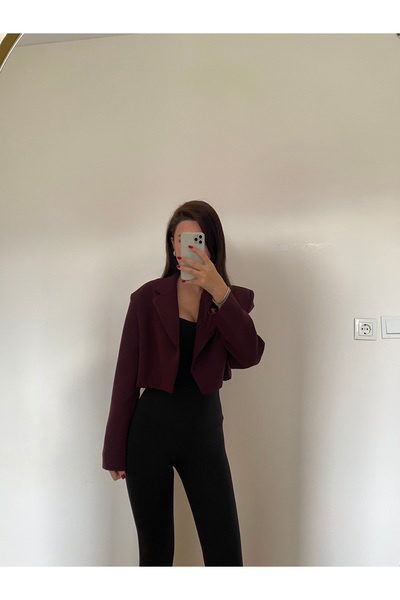 nesi collection Kadın Crop Bordo Blazer Ceket