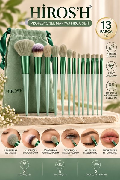 HİROS'H 17 Parça Yeşil Premium Makyaj Seti 13 Parça Makyaj Fırçası 4 Adet Makyaj Süngeri Sert Plastik Kutulu
